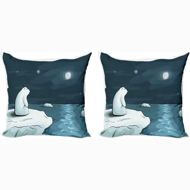 ABAKUHAUS Winter Sierkussenhoes Set van 2, Eisbär-Maan-Karikatuur, Modern Accent Dubbelzijdige Digitale Print, 60x60, Blauw Wit