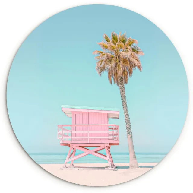 WallCircle Wandcirkel 140x140 cm - Muurcirkel Palmboom - Strandhuis - Roze - Muurdecoratie woonkamer - Wanddecoratie slaapkamer - Kamer decoratie accessoires - Ronde schilderijen Palmboom - Strandhuisje