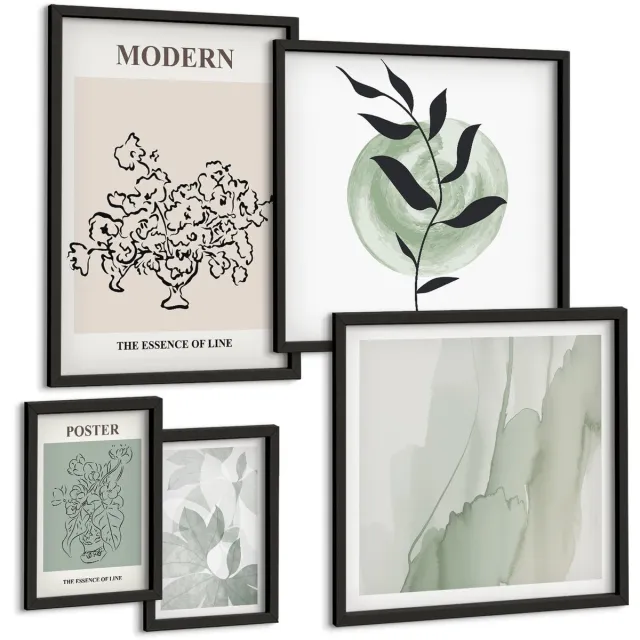 Coloray 5-Delige Schilderij Set - Moderne Decoraties In Minimalistische Stijl Met Plantmotieven - 50 x 50 cm, 20 x 30 cm En 40 x 60 cm - Decoratieve Schilderijen - Wanddecoratie - Hal - Moderne Wanddecoratie Zwarte lijst