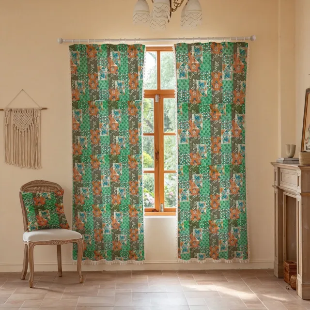 Floraweg Boho-groene patchwork-gordijnen van polyester met bloemenprint en kwastjes, halfdoorzichtige patchwork-raamgordijnen met franjes