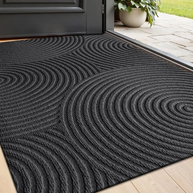 Ultiluxe Deurmat voor binnen buiten - Vuilvangmat voor voordeur entree - Antislip mat voor hal - Wasbare mat met groeven - Polyester bovenkant rubber onderzijde - Golvend druppelmotief met cirkels - Zwart - 45 x 75 cm