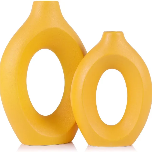 Unyqoos Set van twee moderne gele keramische vazen voor decoratie in huis, 2 stuks, Gelb, Keramiek, 23.5cm