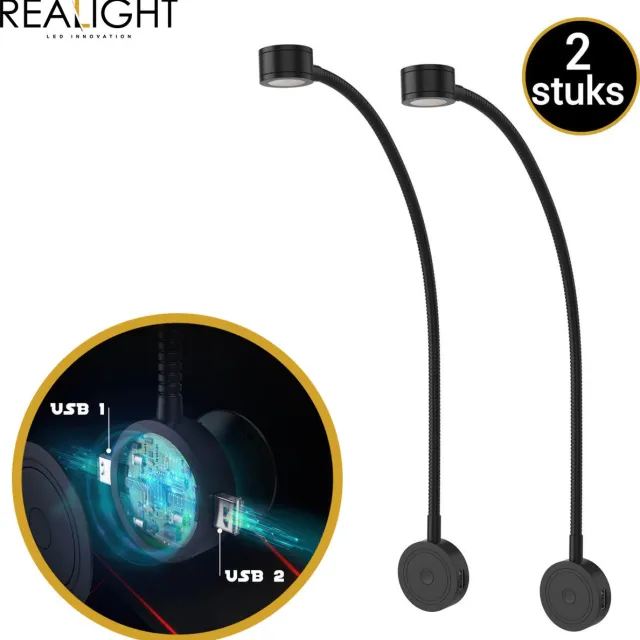Realight Leeslampje voor in Bed met Dimfunctie - LED bedlampje voor Boek - Hoofdbord nachtlampjes Slaapkamer - 2 USB-poorten Bedraad - 360° Draaibaar - Zwart - 2 Stuks 2x Zwart