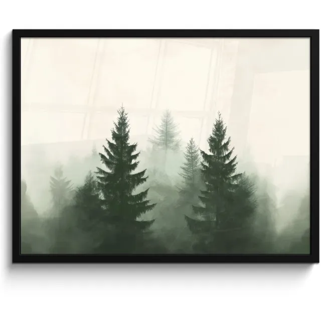 FrameYourWall Poster in lijst - Fotolijst 70x50 cm - Posters - Sparren - Bomen - Groen - Beige - Posterlijst zwart - Decoratie - Wanddecoratie woonkamer - Muurdecoratie slaapkamer Bomen - Mist