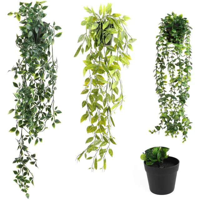Famanu Set van 3 kunstplanten met potten, ideaal voor woonkamerdecoratie, wijnstok ontwerp, geschikt voor binnen en buiten, groen en geel