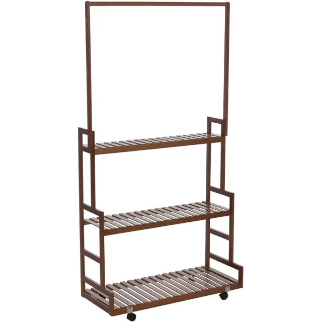 MCW Bamboe kapstok MCW-Q33, kapstok, kledingrek, schoenenrek, met 1 stang en 3 planken, op wieltjes, 175x93x38 cm ~ bruin