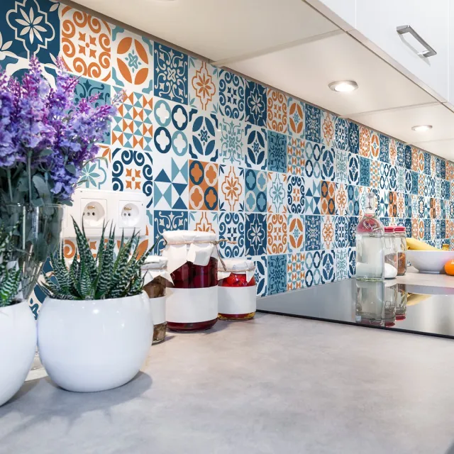 Ambiance Sticker Zelfklevende tegelmuurstickers voor keuken en badkamer - 60 cementtegelstickers (Azulejos Rodio) - 60 stickers, 20x20cm Multi color