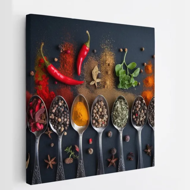 Saammp Canvas Schilderij - Lepels met specerijen - 100x100 - Foto op canvas - Wanddecoratie - Muurdecoratie keuken - Slaapkamer decoratie - Canvas Print Multicolor