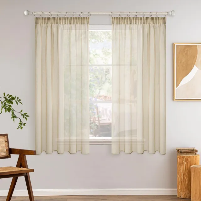 Ibenzoa Gordijnen met plooiband, set van 2, luchtige vitrage voor woonkamer en slaapkamer, beige, 140 x 145 cm