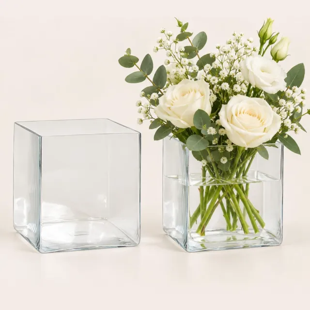 Mica Decorations Vaas - 2x - vierkant - transparant - glas - 20 cm - Accubak - Glazen vazen - Woonaccessoires