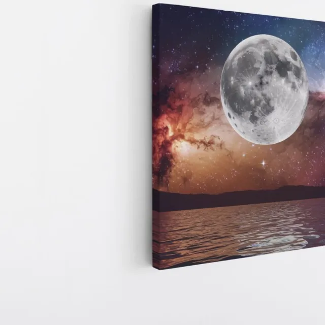 Saammp Canvas Schilderij - Maan met sterrenhemel - Natuur - Ruimte - 30x30 - Foto op canvas - Wanddecoratie - Muurdecoratie Woonkamer - Slaapkamer decoratie - Canvas Print Multicolor