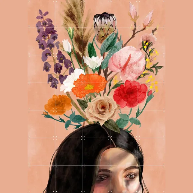 IXXI Flowery Thoughts, Esther Sepers - 100 x 140 cm - Grote wanddecoratie en posters - Aquarel, Kleurrijk, Illustraties, Woonkamer, Slaapkamer Roze