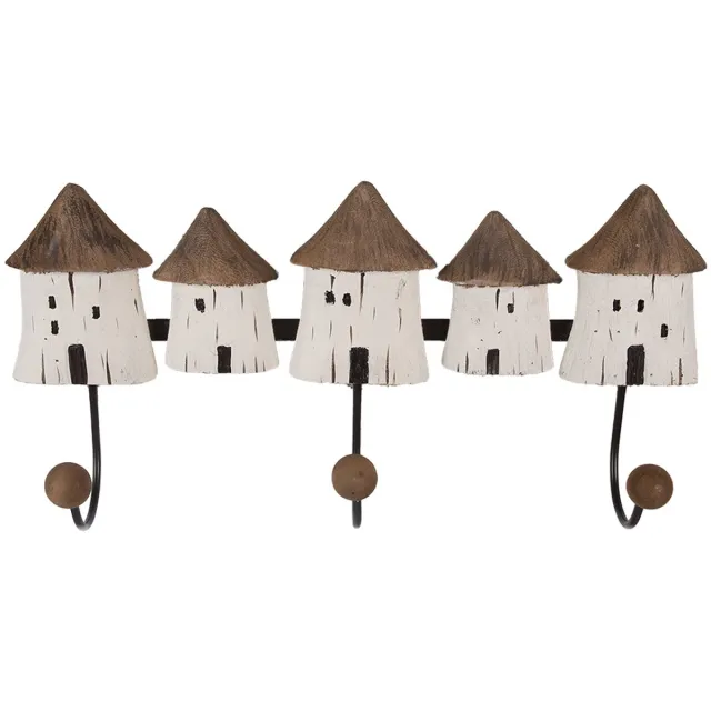 Clayre & Eef Wandkapstok 38x8x19 cm Wit Bruin Hout Huizen