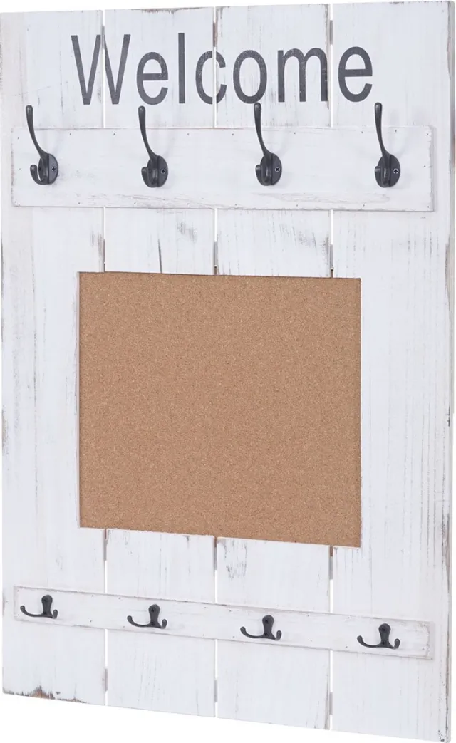 MCW Wandgarderobe MCW-C89 met prikbord, garderobe paneel, shabby look vintage, 8 haken 91x60cm ~ wit, shabby