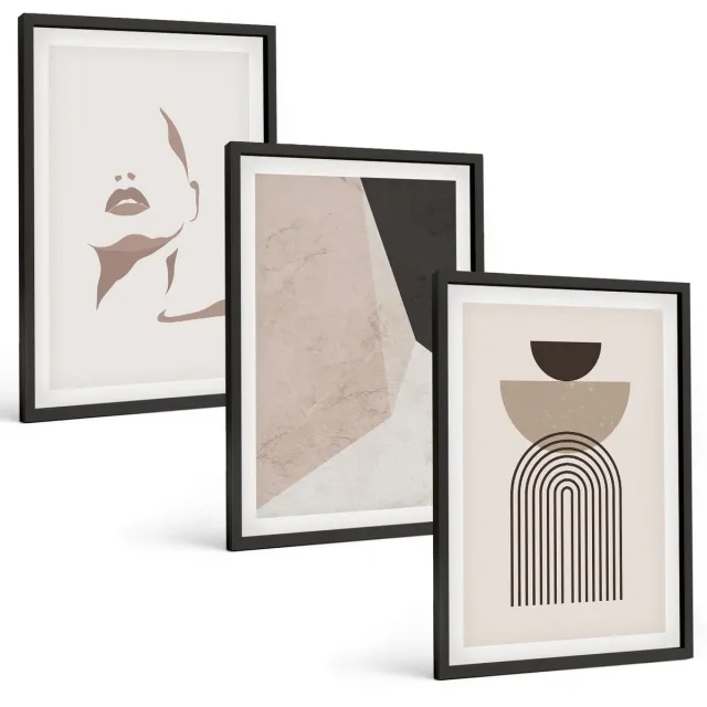 Coloray 3-Delige Schilderij Set - Abstracte Geometrische Vormen En Een Vrouwengezicht - 40 x 60 cm - Decoratieve Schilderijen - Wanddecoratie - Hal Zwarte lijst