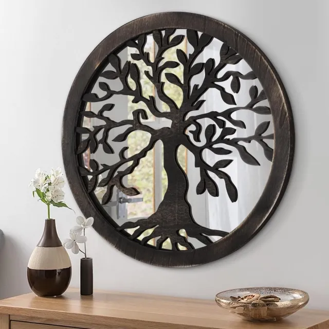 JGS Premium - Ronde wandspiegel levensboom zwart houten frame decoratie voor tuin en woonkamer