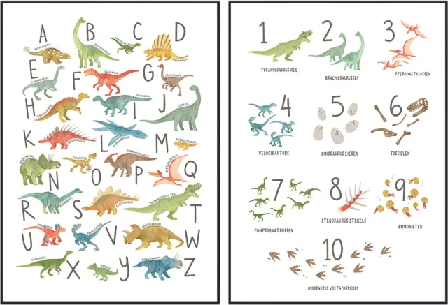 No Filter 2 posters - Dinosaurus poster set - 30x40 cm (A3 formaat) - Alfabet poster - Cijfer poster - Nummers - ABC - Educatieve poster groen