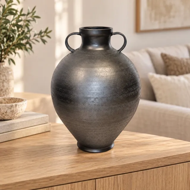 Hoppa! Vaas - Met oren en smalle hals - Zwart - 29 x 29 x 40 cm (B x D x H)
