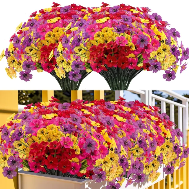 Ibenzoa Levensechte Kunstbloemen voor Buiten, Weerbestendige Balkonplanten in Vier Kleurrijke Variaties Rood Geel Roze Paars