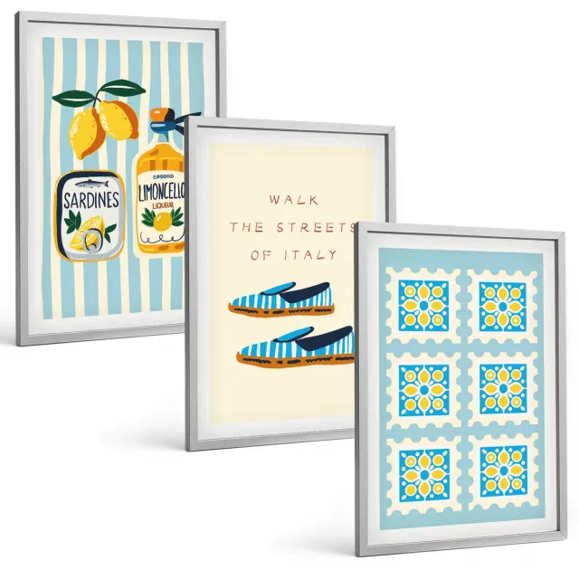 TULUP 4-Delige Schilderij Set - Fruitpatronen en elementen van de Italiaanse cultuur - 40 x 60 cm - Wanddecoratie - Woonkamer Decoratie - Moderne Wanddecoratie Zilveren lijst