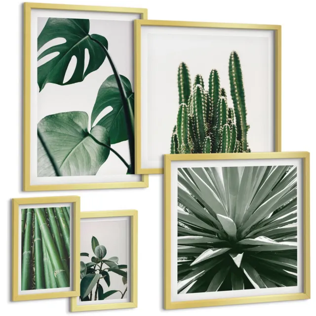 Coloray 5-Delige Schilderij Set - Groene Tropische Planten In Een Modern Interieurontwerp - 50 x 50 cm, 20 x 30 cm En 40 x 60 cm - Stijlvolle Wanddecoratie - Interieur - Stijlvolle Muurdecoratie Gouden lijst