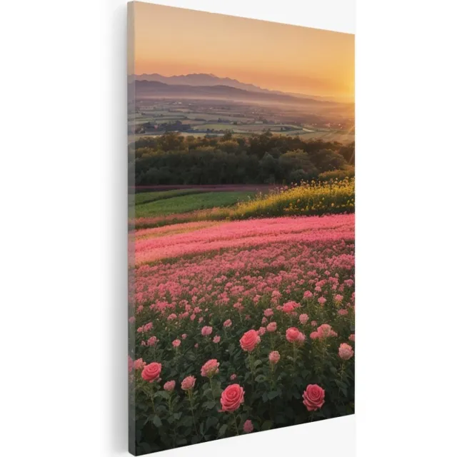 Saammp Canvas Schilderij - Landschap - Roze Bloemenveld met zonsondergang - Natuur - 30x45 - Foto op canvas - Wanddecoratie - Muurdecoratie Woonkamer - Slaapkamer decoratie - Canvas Print Multicolor