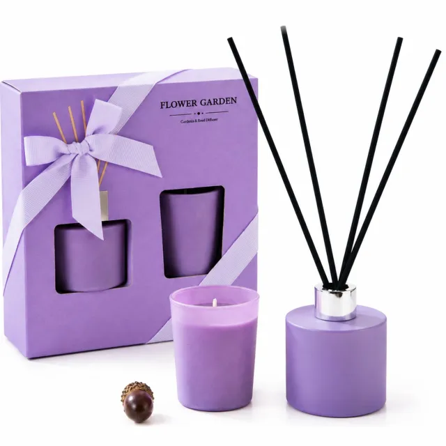 SWGOTA Paarse geurgeschenkset met 1 sojawas geurkaars en 1 geurstokjesfles, geschenkdoos met vensters en strik
