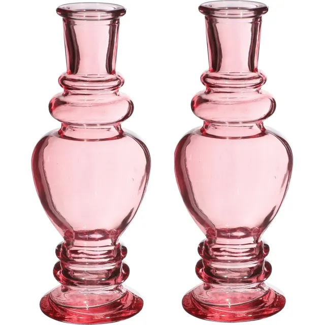 Ideas 4 Seasons Bloemenvaas Venice - 2x - voor kleine stelen/boeketten - gekleurd sierglas - helder roze - D5.7 x H15 cm