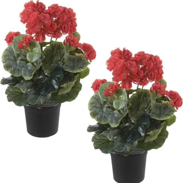 Louis Maes Kunstplant - Set van 2x stuks - Geranium - rood - in pot - H33 cm - Pelargonium Graveolens - Woondecoratie