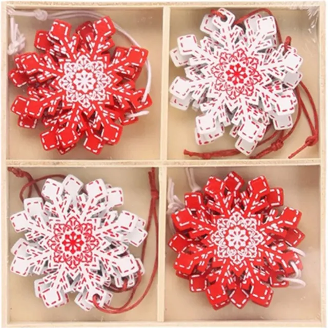 Winkrs Houten Kerstdecoratie Sneeuwvlok Hangers | Kerstboom Kerstversiering Rood/Wit, Ornamenten | 12x hout 12x Sneeuwvlok