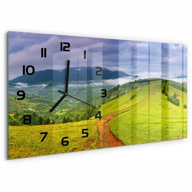 TULUP Wandklok - Groene heuvels Glazen Wandklok Design - 60x30 cm - Groente Klok Glas Met Opdruk - Zwarte handen - Rechthoekige Klok - Wandklok Glas Met Motief - Decoratieve Glazen Klok