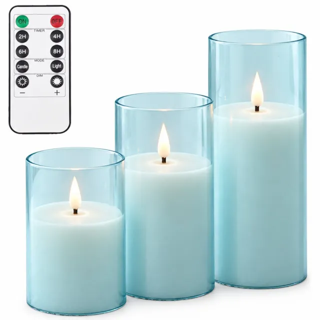 SWGOTA led kaarsen lichtblauw, 3 stuks per doos, met druppelvormige vlam en afstandsbediening inclusief 1 knoopcelbatterij, voor feestdecoratie