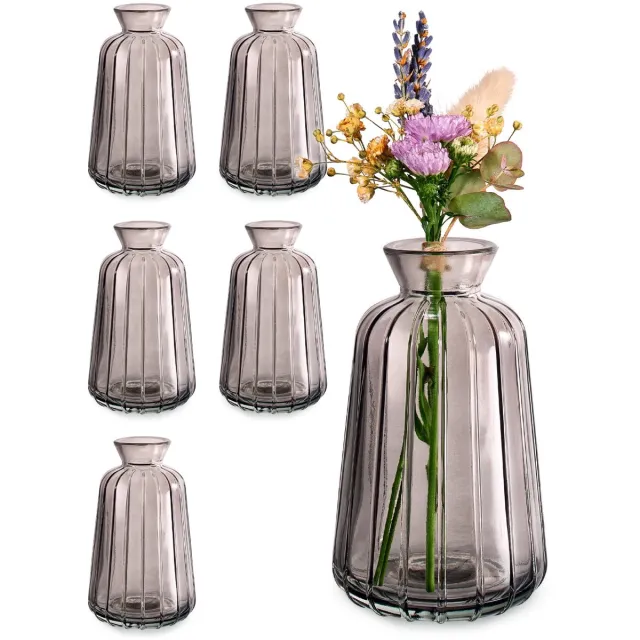 Imperatoris Glazen Vazen / Glazen Flessen – Mini Decoratieve Vaas Flesjes – Helder Glas – Inclusief Strik – 6 Stuks – 6.7 x 6.7 x 10.8 cm – Grijs
