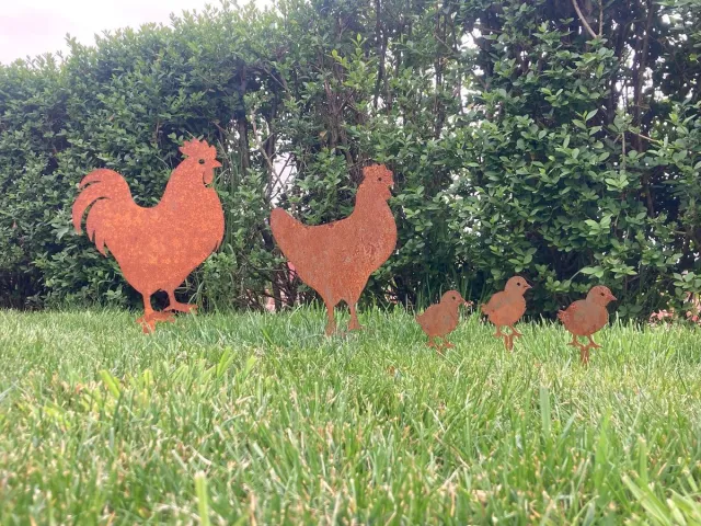 MetagArden Cortenstaal-Familie Kip-Tuinprikker MetAgarden (5-delig)