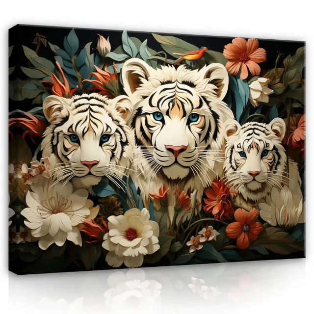 WALLARENA Canvas schilderij - 120x80 cm - Tygrissen met bloemen en dieren voor de slaapkamer of woonkamer multikleurig
