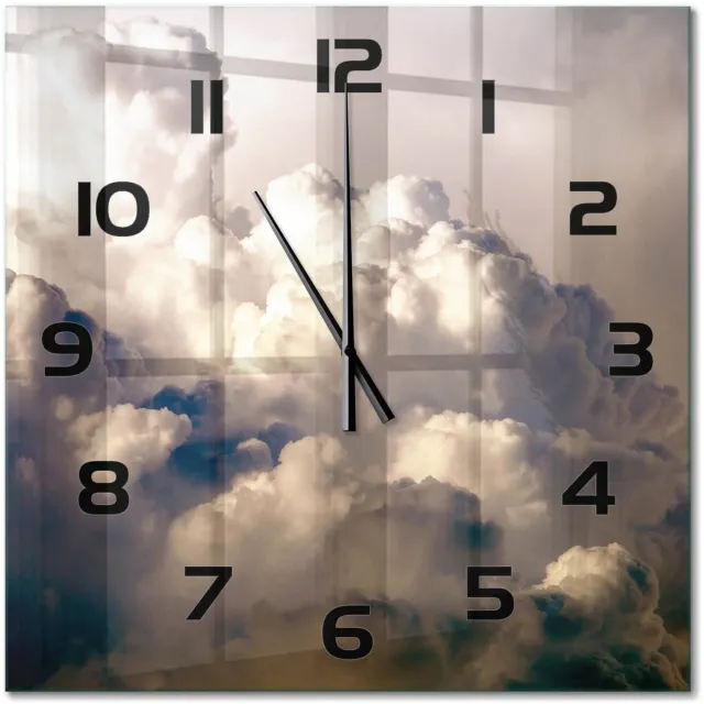 TULUP Wandklok - Wolken aan de hemel Wandklok Glas Decoratie - 60x60 cm - Wit Gekleurde Glazen Klok - Zwarte handen - Vierkante Klok - Klok Glas Met Opdruk - Moderne Wandklok Glas