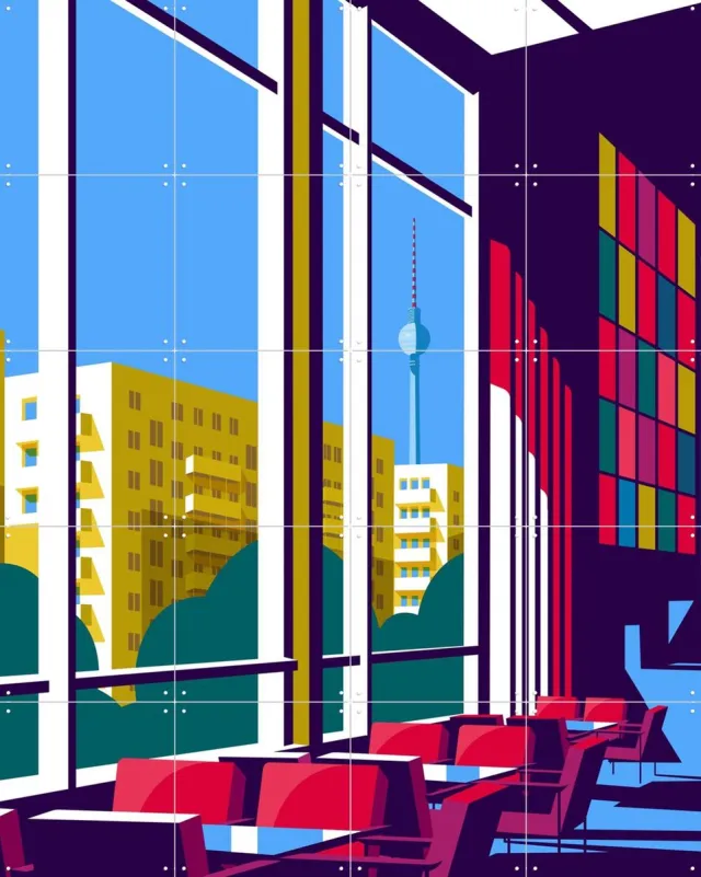 IXXI Berlin - Kino International, Remko Heemskerk & Kunst in Kaart - 80 x 100 cm - Grote wanddecoratie en posters - Digitale Kunst, Geometrische Blauw