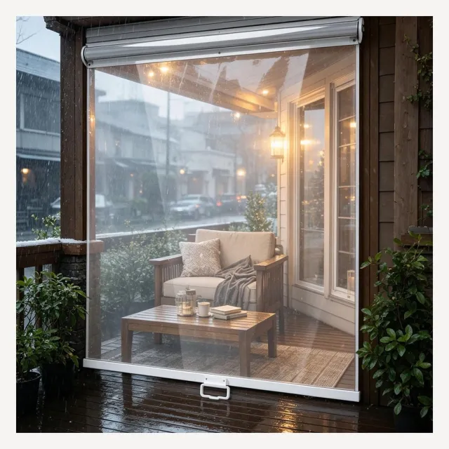 Famanu Transparant waterdicht oprolbaar rolgordijn van PVC, 145, 130, 100, 90, 180 cm, ideaal voor buitengebruik en bescherming tegen weer en UV-stralen