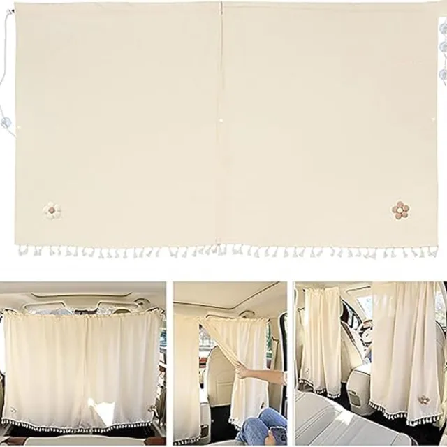 SNQ Auto-privacygordijn – 1 stuk – Verduisterend – 140 × 80 cm – Scheidingswand voor voor-/achtercabine – Zonwering, warmte-isolatie & slaapscherm – Met bloemenpatroon – Inclusief haken & zuignappen – Geschikt voor sedans & SUV's – Beige