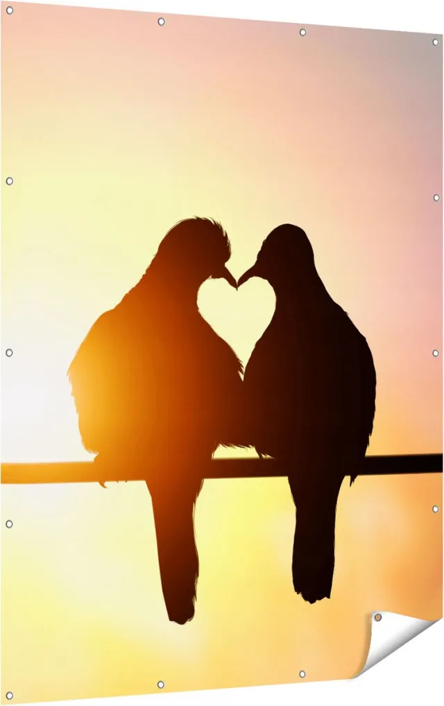 Gards Tuinposter Twee Silhouet Vogels in een Hart Vorm - 120x160 cm - Tuindoek - Tuindecoratie - Wanddecoratie buiten - Tuinschilderij Multikleur