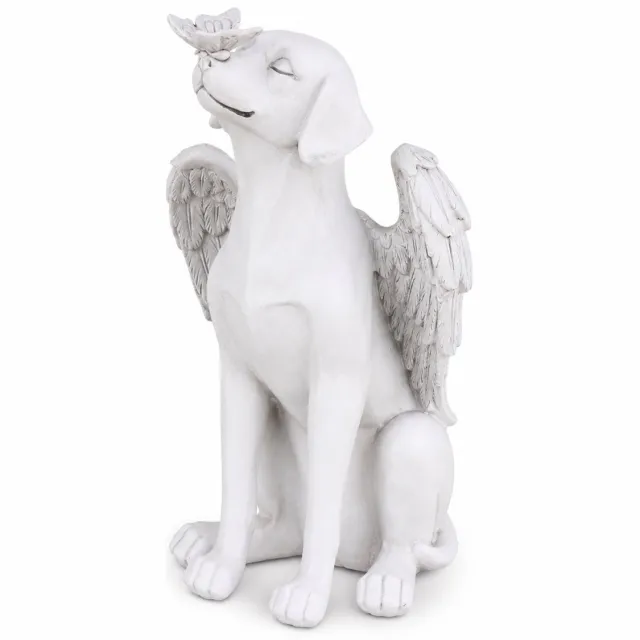 Gloovon Gedenksteen Hond met Engelenvleugels - Troostrijk Herinneringsbeeldje - Geschikt voor Tuin & Graf - Steenlook - 20cm Antiek wit