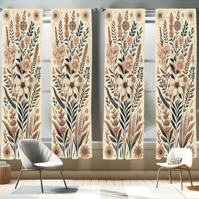 Famanu Boerderijprint gordijnen, set van 4 panelen 75 × 245 cm – Lichtgrijs Eierschaalkleuren ombrabruin blauwgrijs