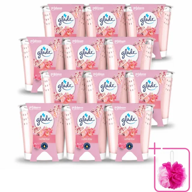 Glade 12 x Glade - Geurkaars I Love You - 100% Raapzaadwas & Vegan - 112 g - Bulkverpakking - Geurkaars - Douchemop - Vegan roze