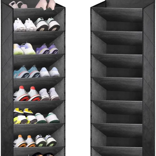 GelldG Wandgemonteerd schoenenrek - 8 planken - met haken - hangend schoenenrek - schoenenorganizer geschikt voor achter de deur - Geschikt voor het opbergen van schoenen - zwart