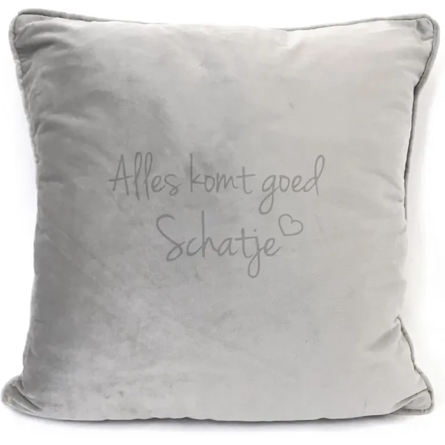 SandD-art Grijs sierkussen Velours - 45x45cm - Met Tekst: Alles Komt Goed Schatje. Cadeau-troost-steun-hoop.