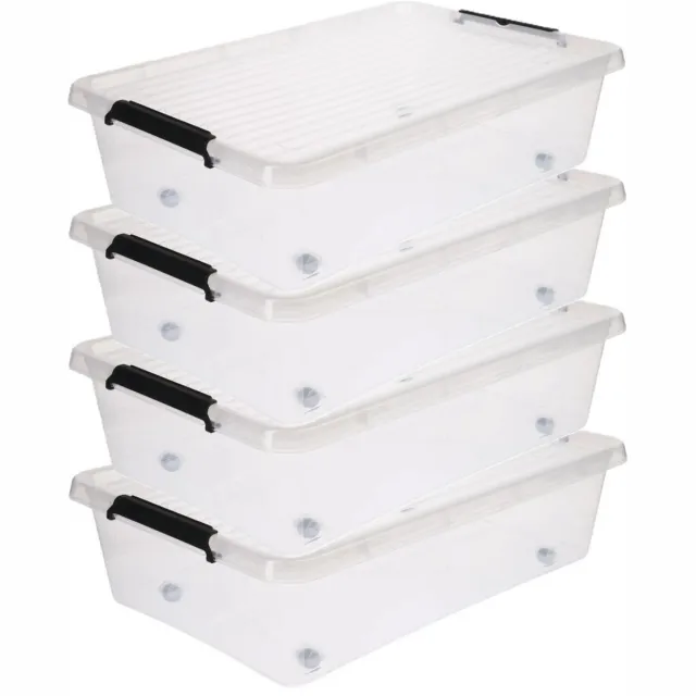 5Five opberg kist met deksel - 4x - Clip Box - 29 liter - 58 x 39 x 16 cm - kunststof - transparant - met wielen