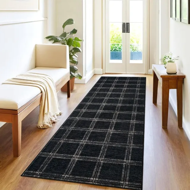 Triumpunpre Washbaar Vloerkleed - Opvouwbaar Printtapijt met geometrisch lijnpatroon met Antislip TPR Onderkant - Zwart 60 x 230 cm