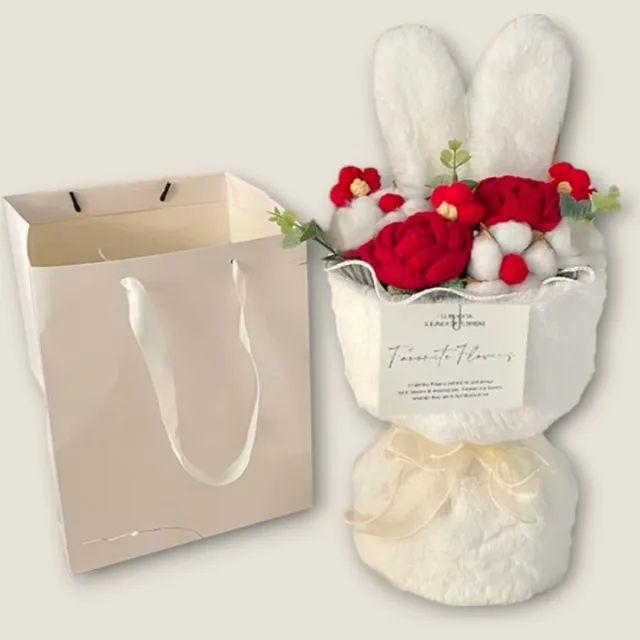 AliRose Valentijn's Gift - Gebreid boeket - Konijn - Cadeau - Liefde - Amor - Partner - Romantisch Wit-Rood, Klassiek