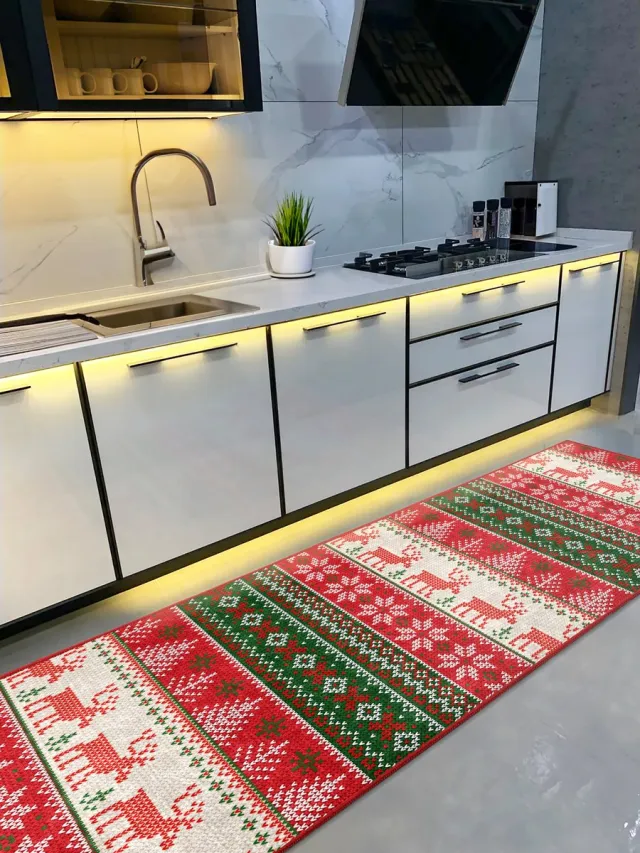De Groen Home Vloerkleed 80x220cm Keukenloper - Kerst rendieren- Wasbaar Antislip - Laagpolig Zacht Tapijt- De Groen Home Rood