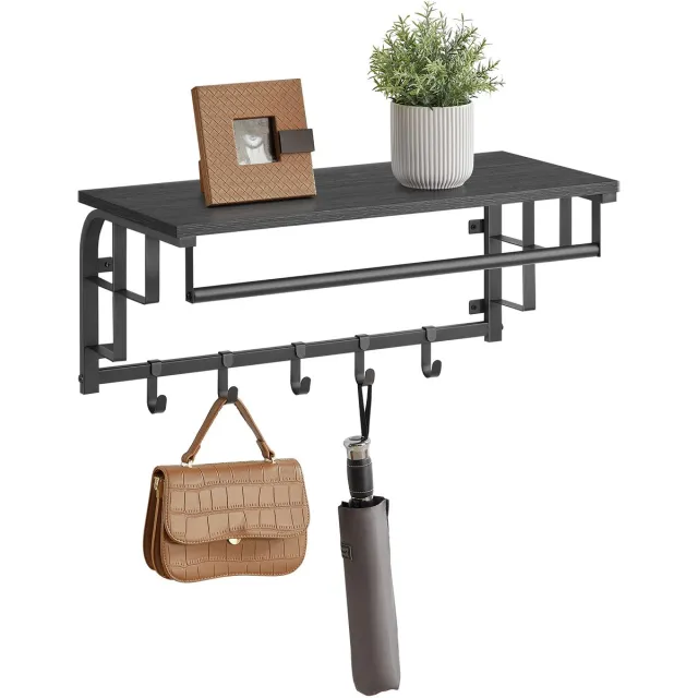 Vasagle Wandkapstok - Wandgarderobe met Plank - 5 Afneembare Haken - Voor Hal Slaapkamer Woonkamer Antracietgrijs-Zwart